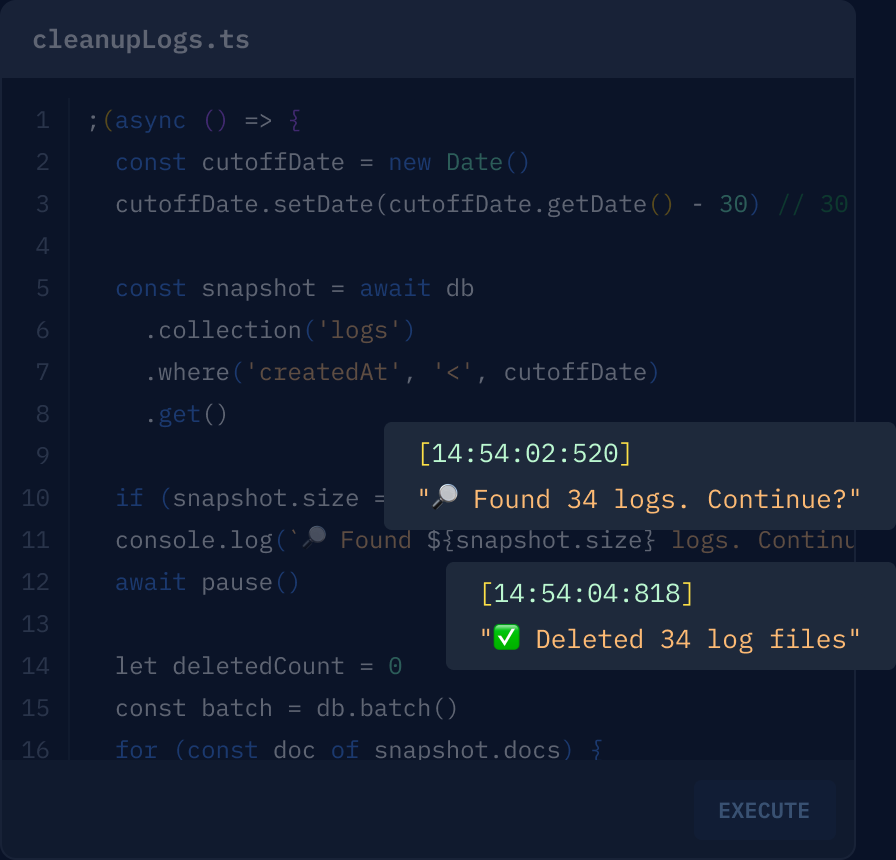 Custom Scripts Editor showing TypeScript code for Firebase operations